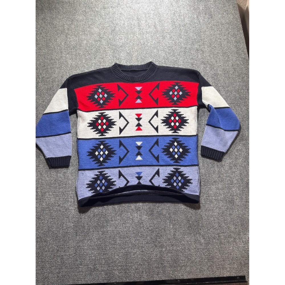 Vintage Aztec Geometric Knit Sweater Unisex Colorblock Southwestern XL